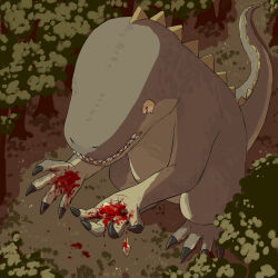 Rule 34 | absurdres, avogado6, blood, blood on clothes, blood on hands, claws, commentary, corpse, death, dinosaur, dress, flower, forest, from above, hat, highres, nature, original, sharp teeth, slit pupils, standing, sun hat, tail, tearing up, tears, teeth, white dress, white flower, yellow eyes
