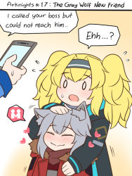 Rule 34 | 1boy, 2girls, ^ ^, arknights, blonde hair, blush, closed eyes, commentary, crossover, doctor (arknights), english commentary, english text, closed eyes, flying sweatdrops, fur trim, gambier bay (kancolle), grey hair, guin guin, hairband, headpat, heart, jacket, kantai collection, male doctor (arknights), multiple girls, projekt red (arknights), twintails