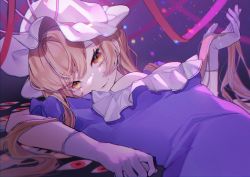 Rule 34 | 1girl, absurdres, black background, blonde hair, bow, breasts, closed mouth, commentary request, dress, eyes visible through hair, gap (touhou), gloves, gradient background, grey gloves, hair between eyes, hand up, hat, hat bow, hat ribbon, highres, kappa mame, long hair, looking at viewer, lying, medium breasts, mob cap, on back, pink bow, puffy short sleeves, puffy sleeves, purple background, purple dress, red eyes, red ribbon, ribbon, short sleeves, smile, solo, tape, touhou, white gloves, white hat, yakumo yukari, yellow eyes