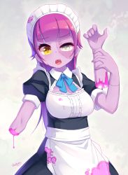 Rule 34 | 1girl, blood, blueberry (5959), breasts, cleavage, colored skin, dress, fangs, heterochromia, long hair, maid, maid headdress, monster girl, original, pink hair, purple skin, purple theme, saliva, severed limb, grey eyes, solo, white background, yellow eyes, zombie