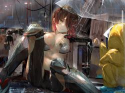 Rule 34 | 1girl, android, brown eyes, brown hair, cable, detached arm, electricity, funi mu9, highres, hololive, midriff, navel, no shirt, raincoat, roboco-san, short hair, sitting, smile, solo focus, transparent, transparent umbrella, umbrella, virtual youtuber, yellow raincoat