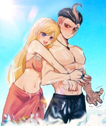 Rule 34 | 1boy, 1girl, :d, abs, bandaged arm, bandages, bare arms, bare shoulders, bikini, black hair, blonde hair, blue eyes, blush, braid, breasts, closed mouth, crown braid, danganronpa (series), danganronpa 2: goodbye despair, danganronpa s: ultimate summer camp, earrings, highres, jewelry, large breasts, looking at another, ma e zo, male swimwear, muscular, muscular male, navel, necklace, open mouth, pink bikini, red eyes, ring, short hair, smile, sonia nevermind, stomach, swimsuit, tanaka gundham, teeth, trembling, undercut, upper teeth only