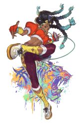 Rule 34 | 1girl, absurdres, alternate footwear, arm wrap, black hair, bow hairband, breasts, brown eyes, cable, capcom, capri pants, colored shoe soles, colored tips, cropped jacket, dark-skinned female, dark skin, earbuds, earphones, fingerless gloves, gloves, graffiti, green hair, hairband, highres, hip vent, jacket, kimberly jackson, leg wrap, linea alba, lips, long hair, looking at viewer, lowleg, lowleg pants, medium breasts, midriff, multicolored hair, official art, onitsuka tiger, orange gloves, orange jacket, pants, product placement, puffy short sleeves, puffy sleeves, quad braids, second-party source, shoes, short sleeves, sneakers, solo, spray can, street fighter, street fighter 6, tamio, tiger, toned, very dark skin, walkman, yoga pants