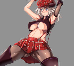 Rule 34 | 10s, 1girl, alisa ilinichina amiella, armpits, arms up, bad id, bad pixiv id, blush, breasts, checkered clothes, checkered skirt, elbow gloves, female focus, gginin (bresiya326), gloves, gluteal fold, god eater, grey background, hair between eyes, hat, large breasts, midriff, navel, pantyhose, parted lips, purple eyes, red skirt, silver hair, simple background, skirt, solo, spread legs, standing, stomach, suspenders, thighs, underboob
