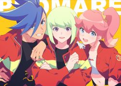 Rule 34 | 1girl, 2boys, aina ardebit, blonde hair, blue eyes, blue hair, copyright name, crossed arms, galo thymos, green hair, grin, highres, jacket, lio fotia, midriff, multiple boys, open mouth, pink hair, promare, purple eyes, rew241, side ponytail, smile, spiked hair, suspenders