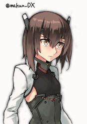 Rule 34 | 1girl, armor, artist name, brown hair, closed mouth, flat chest, hair between eyes, headgear, highres, kantai collection, long sleeves, maakun (makun dx), one-hour drawing challenge, short hair, simple background, solo, taihou (kancolle), upper body, white background, yellow eyes