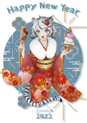 Rule 34 | 1girl, 2022, absurdres, animal ears, artist name, black hair, blue eyes, chinese zodiac, commentary, cropped legs, english text, floral print, flower, food, fruit, fur collar, furisode, grey hair, hagoita, hair flower, hair ornament, hanetsuki, happy new year, highres, holding, holding paddle, japanese clothes, kagami mochi, kimono, long sleeves, looking at viewer, mandarin orange, minato yodaka, multicolored hair, new year, obi, open mouth, original, paddle, print kimono, red kimono, sash, short hair, smile, solo, standing, streaked hair, tail, tiger ears, tiger girl, tiger tail, wide sleeves, year of the tiger