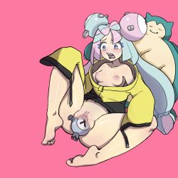 Rule 34 | 1girl, absurdres, bare legs, bare shoulders, barefoot, blue hair, blush, bottomless, breasts, collarbone, creatures (company), feet, full body, functionally nude, game freak, gen 1 pokemon, hair ornament, highres, iono (pokemon), jacket, long hair, long sleeves, magnemite, medium breasts, multicolored hair, naked jacket, nintendo, nipples, object insertion, off shoulder, open mouth, pink background, pink hair, pokemon, pokemon (creature), pokemon sv, pokephilia, pokpa, purple eyes, pussy, sharp teeth, simple background, sitting, sleeves past wrists, snorlax, soles, spread legs, stuffed toy, teeth, toes, tongue, twintails, two-tone hair, vaginal, vaginal object insertion, yellow jacket