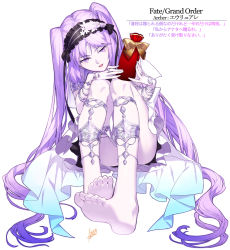Rule 34 | 1girl, ass, azusa (hws), barefoot, bracelet, character name, commentary request, copyright name, euryale (fate), euryale (third ascension) (fate), fate/grand order, fate/hollow ataraxia, fate (series), feet, full body, hairband, jewelry, knees up, lolita hairband, long hair, looking at viewer, pale skin, parted lips, purple eyes, purple hair, ring, simple background, sitting, smile, soles, solo, teeth, toes, translation request, twintails, very long hair, white background