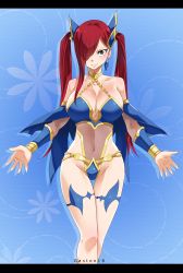 Rule 34 | 1girl, absurdres, alternate costume, breasts, brown eyes, cleavage, covered navel, curvy, erza scarlet, fairy tail, gaston18, hair over one eye, highres, large breasts, leotard, letterboxed, long hair, looking at viewer, red hair, revealing clothes, see-through, smile, solo, standing, thigh gap, thighs, twintails