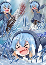 Rule 34 | &gt; &lt;, :d, > <, ahoge, bad id, bad twitter id, blue coat, blue hair, blush, boots, closed eyes, coat, fang, gloves, hood, hood up, jumping, kantai collection, laughing, multicolored hair, open mouth, ouno (nounai disintegration), playing, puddle, rain, raincoat, rubber boots, sado (kancolle), smile, sound effects, splashing, thighhighs, water, wet, xd