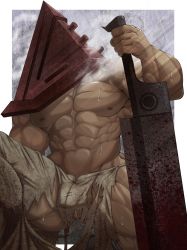 Rule 34 | 1boy, abs, bara, blood, bloody weapon, bulge, feet out of frame, flaccid, gluteal fold, helmet, highres, holding, holding weapon, large pectorals, legs apart, male focus, muscular, muscular male, navel, nipples, pectorals, penis, penis peek, planted, planted sword, planted weapon, pyramid head, sansai (sansaka saku), silent hill (series), silent hill 2, solo, steam, stomach, sweat, sword, thick thighs, thighs, topless male, torn clothes, weapon