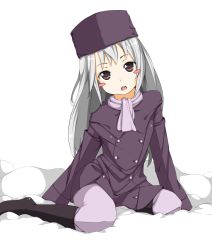 Rule 34 | 1girl, bad id, bad pixiv id, blush, blush stickers, boots, child, fate/stay night, fate/zero, fate (series), hat, highres, illyasviel von einzbern, long hair, muttan (ashiru-f), open mouth, pantyhose, purple hat, silver hair, sitting, snow, solo, transparent background, white pantyhose, winter clothes