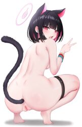 Rule 34 | 1girl, absurdres, animal ears, aqua wristband, armpit crease, back, barefoot, black choker, black hair, black tail, blue archive, bob cut, breasts, cat ears, cat tail, choker, colored inner hair, completely nude, earrings, extra ears, fang, from behind, gweda, hair behind ear, halo, highres, jewelry, kazusa (band) (blue archive), kazusa (blue archive), looking at viewer, looking back, median furrow, medium hair, multicolored hair, nude, open mouth, pink eyes, pink hair, pink halo, pussy, red wristband, shoulder blades, skin fang, solo, squatting, stud earrings, tail, thigh strap, thighs, two-tone hair, v, white background, wristband, yellow wristband