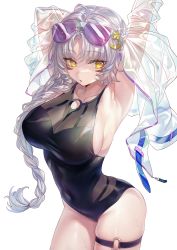 Rule 34 | 1girl, absurdres, armpits, braid, breasts, covered navel, cowboy shot, eyewear on head, grey hair, hair ornament, highres, jacket, large breasts, leon v, long hair, looking at viewer, monochrome, one-piece swimsuit, open clothes, open jacket, original, see-through, simple background, single braid, skindentation, solo, sunglasses, swimsuit, thigh strap, thighs, tinted eyewear, very long hair, white background, yellow eyes