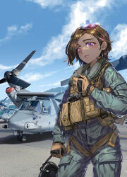 Rule 34 | 1girl, aircraft, blue jumpsuit, brown gloves, brown hair, cloud, cloudy sky, gloves, helicopter, highres, jumpsuit, kws, long sleeves, military uniform, original, purple eyes, sky, solo, uniform, united states air force, v-22 osprey