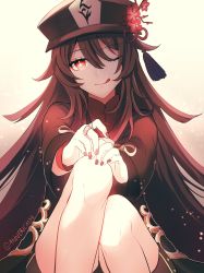 Rule 34 | 1girl, annerica, black coat, black hat, black shorts, blush, breasts, brown hair, coat, flower, genshin impact, hat, hat flower, highres, hu tao (genshin impact), knees up, licking lips, long hair, long sleeves, looking at viewer, one eye closed, plum blossoms, red eyes, shorts, sitting, small breasts, smile, solo, symbol-shaped pupils, thighs, tongue, tongue out, twintails, very long hair
