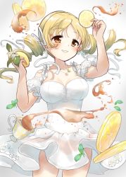 Rule 34 | 1girl, alternate costume, asukaru (magika ru), bare shoulders, blonde hair, blush, breasts, cleavage, collarbone, commentary, cowboy shot, cup, detached sleeves, dithering, dot nose, dress, drill hair, food, frilled dress, frilled sleeves, frills, fruit, grin, hair ribbon, highres, holding, holding food, jewelry, large breasts, lemon, lemon slice, liquid, long hair, looking at object, looking at viewer, mahou shoujo madoka magica, mahou shoujo madoka magica (anime), mint, necklace, puffy short sleeves, puffy sleeves, ribbon, shadow, short hair, short sleeves, smile, solo, symbol-only commentary, tareme, tea, teacup, thighs, tomoe mami, translucent, twin drills, twintails, white background, white dress, white ribbon, white theme, yellow eyes