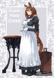 1girl alternate_costume animal_ears apron bespectacled black_dress black_footwear blue_eyes boots bow bowtie braid braided_ponytail breasts brown_hair character_name closed_mouth dress enmaided full_body glasses gloves highres horse_ears horse_girl horse_tail long_hair long_sleeves looking_at_viewer maid maid_apron maid_headdress medium_breasts natsunori own_hands_together round_eyewear smile solo suitcase super_creek_(umamusume) table tail umamusume white_gloves