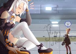 Rule 34 | 2girls, absurdres, artist request, black legwear, brown hair, bullpup, closed eyes, double bun, eyewear on head, from side, giant, giantess, girls&#039; frontline, gtscommissions, gun, hair between eyes, hair bun, hair ornament, happy halloween, highres, holding, holding gun, holding weapon, looking at another, medium hair, multiple girls, official alternate costume, open mouth, p7 (girls&#039; frontline), p7 (sister gunslinger) (girls&#039; frontline), p90, p90 (girls&#039; frontline), pantyhose, red eyes, shoes, silver hair, simple background, sitting, standing, submachine gun, teardrop, thighhighs, weapon, white legwear