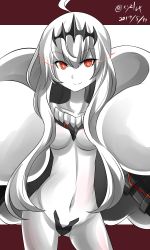 Rule 34 | 10s, 1girl, abyssal ship, ahoge, breasts, cape, collarbone, dated, hebitsukai-san, highres, kantai collection, long hair, medium breasts, northern water princess, red eyes, smile, solo, twitter username, white hair