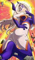 Rule 34 | 10s, 1girl, artist request, ass, back, blonde hair, blush, bodysuit, boku no hero academia, breasts, closed mouth, debris, domino mask, from behind, game cg, gloves, gradient background, hand on own hip, hand up, happy, highres, hip focus, horns, huge ass, large breasts, leg up, long hair, looking at viewer, looking back, mask, medium breasts, mount lady, purple eyes, red background, skin tight, smile, solo, standing, standing on one leg, superhero costume, thighhighs, yellow background