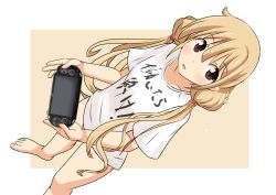 Rule 34 | 10s, 1girl, barefoot, blonde hair, brown eyes, child, dutch angle, eyebrows, feet, female focus, futaba anzu, handheld game console, holding, idolmaster, idolmaster cinderella girls, long twintails, looking at viewer, naruse mai, playstation vita, short sleeves, solo, sony, standing, twintails