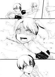 Rule 34 | 10s, aged down, bow (weapon), comic, crying, crying with eyes open, flying, greyscale, highres, kaga (kancolle), kantai collection, launching, meet (105r), monochrome, ocean, sky, tears, weapon, zuikaku (kancolle)