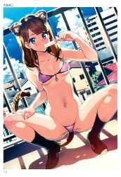 Rule 34 | 1girl, :, absurdres, animal ears, bikini, black socks, blue eyes, breasts, brown hair, cameltoe, cat ears, cat tail, cloud, collarbone, covered erect nipples, day, dutch angle, food, highres, loafers, long legs, looking at viewer, micro bikini, mouth hold, o-ring, o-ring top, ootomo takuji, open mouth, outdoors, pink bikini, popsicle, scan, shoes, sky, small breasts, socks, solo, spread legs, squatting, string bikini, sweat, swimsuit, tail, tan, tanline, tiger ears, tiger tail, toranoana