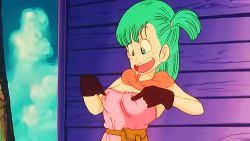 Rule 34 | 1girl, :o, animated, animated gif, aqua eyes, aqua hair, bare shoulders, blue eyes, bouncing breasts, breast poke, breasts, brown gloves, bulma, cloud, covered erect nipples, dragon ball, dragon ball (classic), dress, gloves, green eyes, happy, kame house, long hair, looking down, lowres, matching hair/eyes, medium breasts, neck, nipples, one side up, oolong, open mouth, outdoors, pink dress, poking, saliva, scarf, shapeshifter, sky, sleeveless, smile, solo, straight hair, strapless, strapless dress, upper body