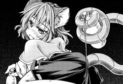 Rule 34 | 1girl, alcohol, animal ears, blush, bottle, greyscale, monochrome, mouse ears, mouse tail, mumumu, nazrin, open mouth, sake, slit pupils, solo, tail, tail wrap, touhou