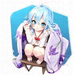 Rule 34 | 1girl, antenna hair, barefoot, blanket, blue eyes, blue hair, blush, brown skirt, chair, commentary request, denpa onna to seishun otoko, ejami, feet on chair, floral print, from above, hair between eyes, holding, holding blanket, long hair, long sleeves, mole, mole under eye, navel, ribbon, shirt, simple background, sitting, skirt, solo, touwa erio, white background, white shirt