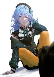 Rule 34 | 1girl, absurdres, beret, black footwear, blue eyes, blue hair, boots, breasts, choker, commentary, cross-laced footwear, green ribbon, grey hat, hair between eyes, hair ribbon, hat, highres, hololive, hoshimachi suisei, hoshimachi suisei (streetwear), jacket, lace sleeves, long hair, long sleeves, looking at viewer, open clothes, open jacket, orange pantyhose, pantyhose, plaid, plaid jacket, ribbon, simple background, small breasts, smile, solo, star (symbol), vinoillust, virtual youtuber, white background, yellow nails