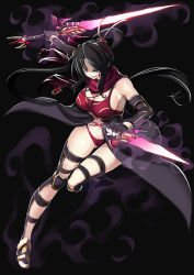 Rule 34 | &gt;:), 1girl, bare shoulders, black gloves, black hair, breasts, cleavage, commission, dagger, dual wielding, elbow gloves, full body, gloves, gluteal fold, hair ornament, holding, holding sword, holding weapon, kaorihero, knife, large breasts, long hair, looking at viewer, original, panties, parted lips, red panties, red scarf, reverse grip, scarf, smile, solo, sword, underwear, v-shaped eyebrows, waist cape, weapon