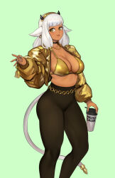 Rule 34 | 1girl, alternate costume, animal ears, artist name, ash (fire emblem), bell, bikini, bikini top only, black choker, black horns, black pants, breasts, brown eyes, choker, cleavage, closed mouth, commentary, contemporary, cow ears, cow girl, cow horns, cow tail, cup, dark-skinned female, dark skin, ear piercing, english commentary, fire emblem, fire emblem heroes, gold bikini, gold jacket, green background, headband, highres, holding, holding bell, holding cup, horns, jacket, jewelry, large breasts, light smile, lips, long hair, long sleeves, looking at viewer, meziosaur, multiple rings, necklace, nintendo, open clothes, open jacket, pants, piercing, ring, simple background, smile, solo, swimsuit, tail, thighs, white hair, yoga pants