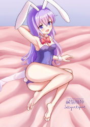 Rule 34 | 1girl, absurdres, animal ears, arm up, armpits, artist name, ass, bare shoulders, barefoot, bow, bowtie, breasts, cleavage, commission, detached collar, feet, highres, legs, leotard, long hair, looking at viewer, lying, on side, open mouth, playboy bunny, purple eyes, purple hair, purple leotard, rabbit ears, rabbit girl, rabbit tail, rabi-ribi, saltywetspirit, smile, soles, solo, strapless, strapless leotard, tail, thighs, toes, wrist cuffs