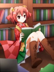 Rule 34 | 1girl, apron, bell, book, bookshelf, boots, checkered clothes, checkered kimono, cross-laced footwear, hair bell, hair ornament, highres, japanese clothes, kimono, lace-up boots, motoori kosuzu, open book, reading, red eyes, red hair, sitting, smile, ten203159, touhou, twintails, two side up