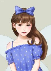 Rule 34 | 1girl, bare shoulders, blue bow, blush, bow, brown eyes, brown hair, closed mouth, drop earrings, earrings, expressionless, fairy wings, flat chest, frills, grey background, hair behind ear, hair bow, highres, jewelry, long hair, looking at viewer, nostrils, off-shoulder shirt, off shoulder, polka dot, self-upload, shirt, simple background, solo, star (symbol), star earrings, star sapphire, touhou, upper body, wings, yyf (seaknight)