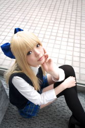 Rule 34 | 1girl, asian, black footwear, black thighhighs, blonde hair, blue eyes, blue ribbon, blurry, bow, breasts, character request, color contacts, cosplay, depth of field, dress shirt, from above, hair bow, head rest, high heels, highres, indoors, looking at viewer, miniskirt, namada, on floor, photo (medium), plaid, plaid skirt, pleated skirt, ribbon, rug, school uniform, shirt, sitting, skirt, small breasts, solo, sweater vest, thighhighs, white shirt, window, zettai ryouiki