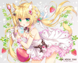 Rule 34 | 1girl, :o, ahoge, ameto yuki, animal ear fluff, animal ears, artist name, blonde hair, blush, bow, breasts, cat ears, cat tail, cleavage, commentary request, dress, fingernails, flower, food, food-themed hair ornament, fruit, green eyes, grey background, hair between eyes, hair bow, hair flower, hair ornament, hands up, holding, holding spoon, leaning forward, long hair, looking at viewer, medium breasts, open mouth, original, oversized object, solo, spoon, strapless, strapless dress, strawberry, strawberry hair ornament, tail, very long hair, white bow, white dress, white flower, wrist cuffs
