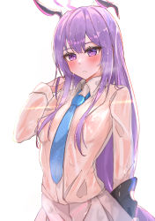 Rule 34 | 1girl, absurdres, blue archive, blue necktie, blush, commentary, covered erect nipples, grey skirt, hand in own hair, highres, jacket, unworn jacket, long hair, long sleeves, looking at viewer, muteppona hito, necktie, no bra, open mouth, purple eyes, purple hair, see-through, see-through shirt, shirt, skirt, solo, standing, upper body, utaha (blue archive), very long hair, wet, wet clothes, wet shirt, white background, white shirt
