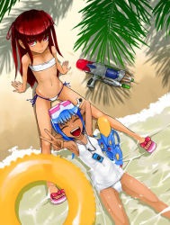 Rule 34 | 2girls, armpits, bandeau, beach, between legs, bikini, blue hair, camera, day, diving mask, flat chest, goggles, hair ribbon, long hair, multiple girls, nail polish, navel, ocean, one-piece swimsuit, outdoors, palm tree, panties, pointy ears, ponytail, red eyes, red hair, ribbon, ribs, sandals, school swimsuit, side-tie bikini bottom, side-tie panties, skinny, sky, slippers, smile, snorkel, strapless, swimsuit, tan, tree, tube top, twintails, underwear, v, water gun, wet, white school swimsuit, white one-piece swimsuit, yamamoto canponi