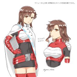 Rule 34 | 1girl, belt, brown eyes, brown hair, cape, commentary request, cosplay, covered navel, elbow gloves, gloves, gundam, gundam seed, hand on own hip, highres, looking at viewer, medium hair, murrue ramius, shin megami tensei, signature, thighhighs, translation request, white background, yuka (megami tensei), yuka (shin megami tensei) (cosplay), yumiyumi1105