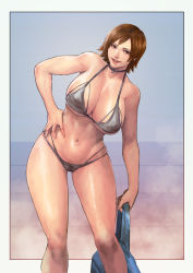 Rule 34 | 1girl, absurdres, bag, bikini, blue bag, border, breasts, brown eyes, brown hair, cirenk, cleavage, female pubic hair, hand on own hip, highres, holding, holding bag, kazama asuka, large breasts, navel, paid reward available, painterly, parted lips, pink lips, pubic hair, short hair, silver bikini, skindentation, smile, solo, standing, steam, swimsuit, tekken