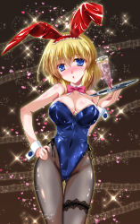 Rule 34 | 1girl, :o, alice margatroid, animal ears, beamed quavers, bishie sparkle, black pantyhose, blonde hair, blue eyes, blush, bow, bowtie, breasts, bridal garter, cleavage, covered navel, cowboy shot, cup, detached collar, drinking glass, fake animal ears, gluteal fold, hand on own hip, head tilt, heart, heart background, highleg, highleg leotard, highres, holding, holding tray, lace, large breasts, leotard, looking at viewer, musical note, pantyhose, pink bow, pink bowtie, playboy bunny, quaver, rabbit ears, shiny clothes, shiny skin, solo, sparkle, sparkle background, thigh gap, touhou, tray, wrist cuffs, yamu (reverse noise)