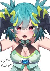 Rule 34 | 1girl, absurdres, bare shoulders, black feathers, blue hair, blush, breasts, claws, cleavage, colored inner hair, commentary request, commission, feathers, green hair, grgrorrr, hair between eyes, highres, indie virtual youtuber, lincoro, medium breasts, monster girl, multicolored hair, official alternate costume, open mouth, pointy ears, red eyes, short hair, short twintails, skeb commission, solo, thank you, twintails, virtual youtuber, winged arms, wings
