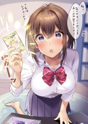 Rule 34 | 1girl, barefoot, blue skirt, blush, bookshelf, box, breasts, brown hair, card, collarbone, commentary request, hair between eyes, highres, holding, holding card, indoors, kneeling, large breasts, looking at viewer, medium hair, open mouth, original, pleated skirt, purple eyes, school uniform, shiro kuma shake, shirt, sidelocks, skirt, sleeves rolled up, solo, table, trading card, translation request, white shirt, wooden floor