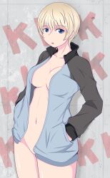 Rule 34 | 1girl, blue eyes, blue jacket, bottomless, breasts, cleft of venus, commentary, cowboy shot, girls und panzer, hands in pockets, jacket, keizoku military uniform, long sleeves, looking at viewer, medium breasts, military uniform, navel, no bra, no panties, no shirt, open clothes, open jacket, open mouth, raglan sleeves, short hair, solo, standing, tanaka rikimaru, track jacket, uniform, white hair, youko (girls und panzer)