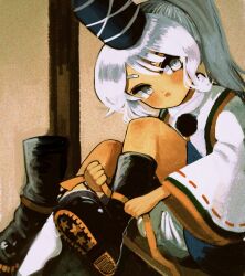 Rule 34 | 1girl, :o, black footwear, bloomers, blue skirt, boots, commentary request, full body, grey eyes, hat, hell0120, highres, holding, holding ribbon, japanese clothes, kariginu, knees up, long hair, looking at viewer, mononobe no futo, open mouth, pom pom (clothes), ponytail, putting on boots, ribbon, ribbon-trimmed sleeves, ribbon trim, single boot, skirt, socks, solo, tate eboshi, touhou, underwear, white hair, white socks, wide sleeves