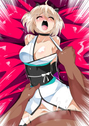 Rule 34 | 1boy, 1girl, absurdres, ahoge, areola slip, arms behind back, blonde hair, blush, bottomless, bow, breasts, choker, cleavage, closed eyes, clothing aside, cum, cum in pussy, dark-skinned male, dark skin, domination, fate/grand order, fate (series), female orgasm, highres, interracial, japanese clothes, koha-ace, large breasts, legs, legs apart, lying, motion lines, naughty face, netorare, nipple slip, nipples, obi, okita souji (fate), on back, open mouth, orgasm, panties, panties aside, restrained, sash, sex, spread legs, sweat, thighhighs, underwear, vaginal, warabimochi, white panties